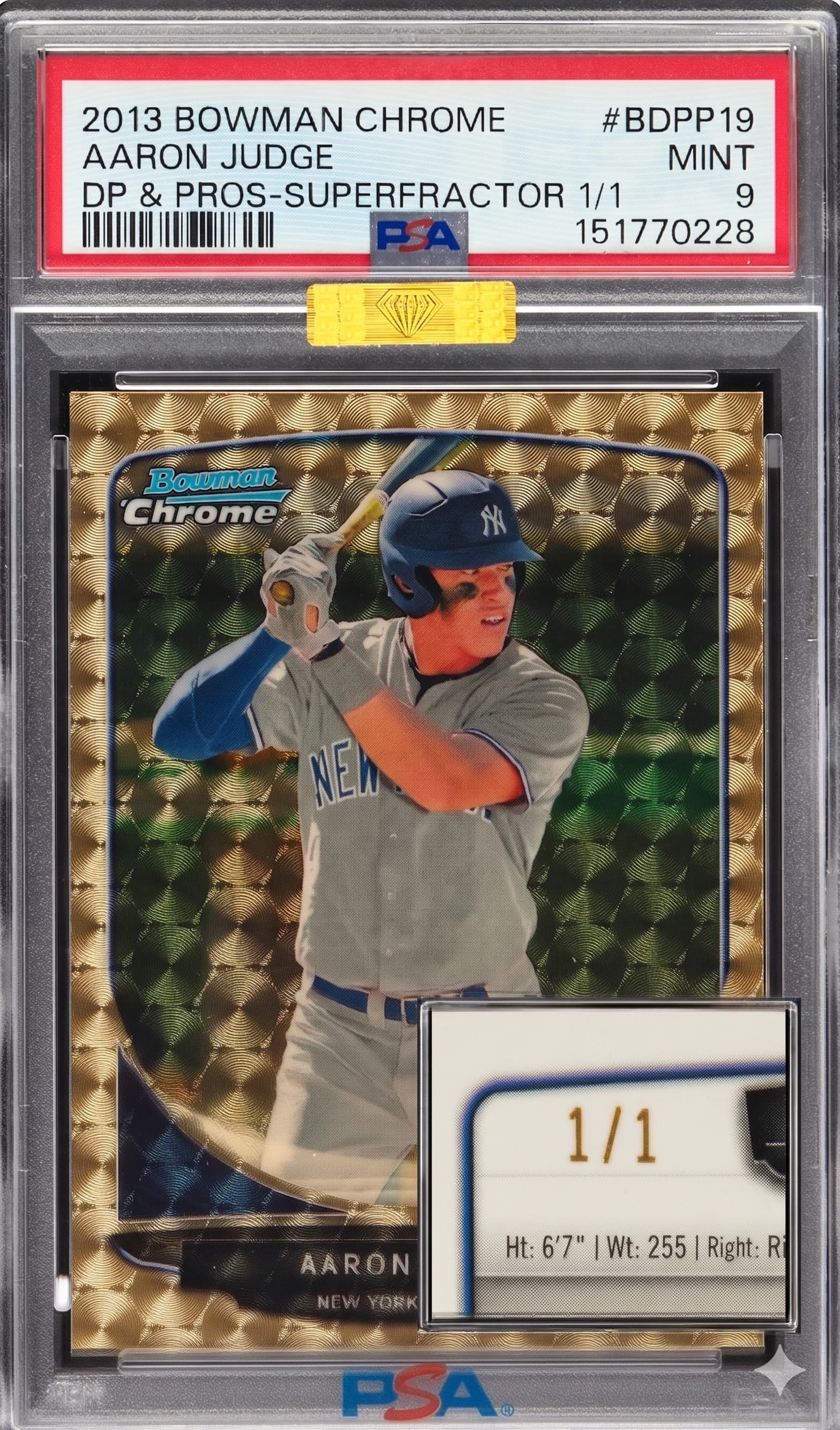 Aaron Judge 2013 Bowman Chrome Draft Superfractor 1/1 — the gold refractor card bearing the '1/1' serial number stamp that sold for $838,750 at auction