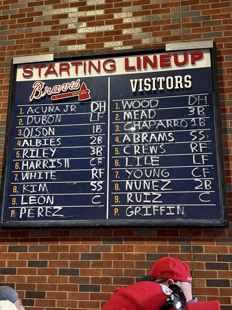 Braves vs Nationals starting lineup board at Truist Park — Perez vs Griffin